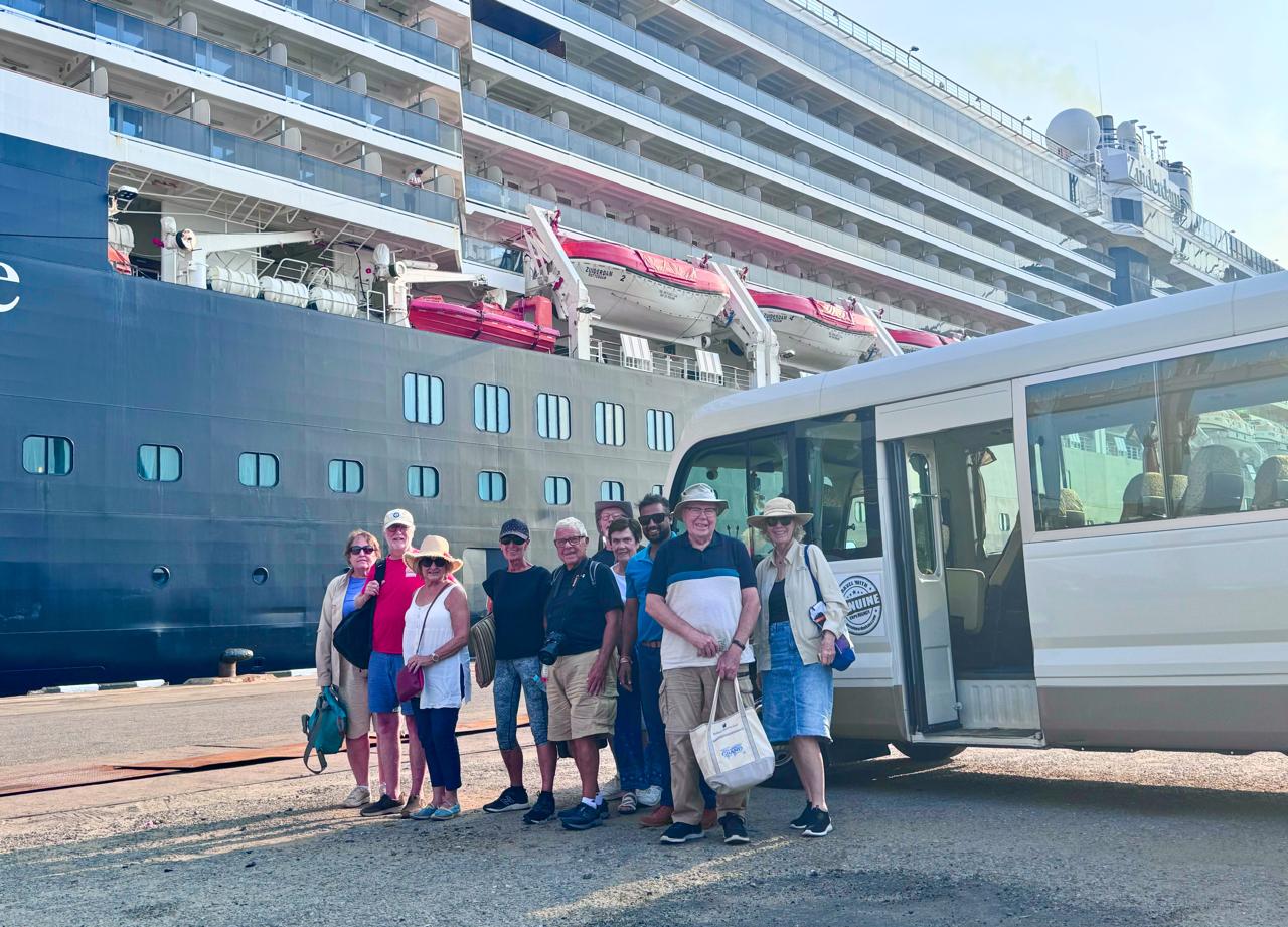 Holland America Zuiderdam cruise passengers with their Colombo Day Tours minibus and driver at Colombo cruise terminal