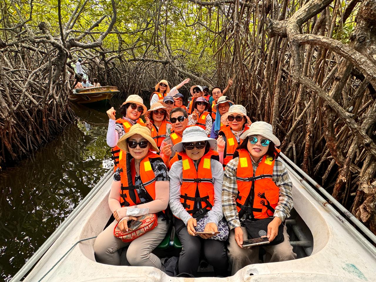 Cruise guests in life jackets on a private boat safari through the Madu River mangrove tunnels, Sri Lanka